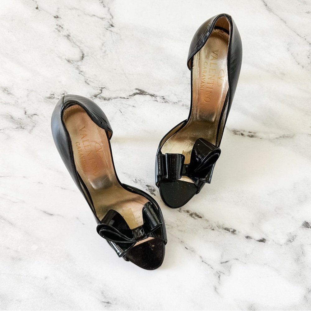 Valentino Garavani D'orsay Black Patent Bow Leather Open Toe Heels - Picture 3 of 11